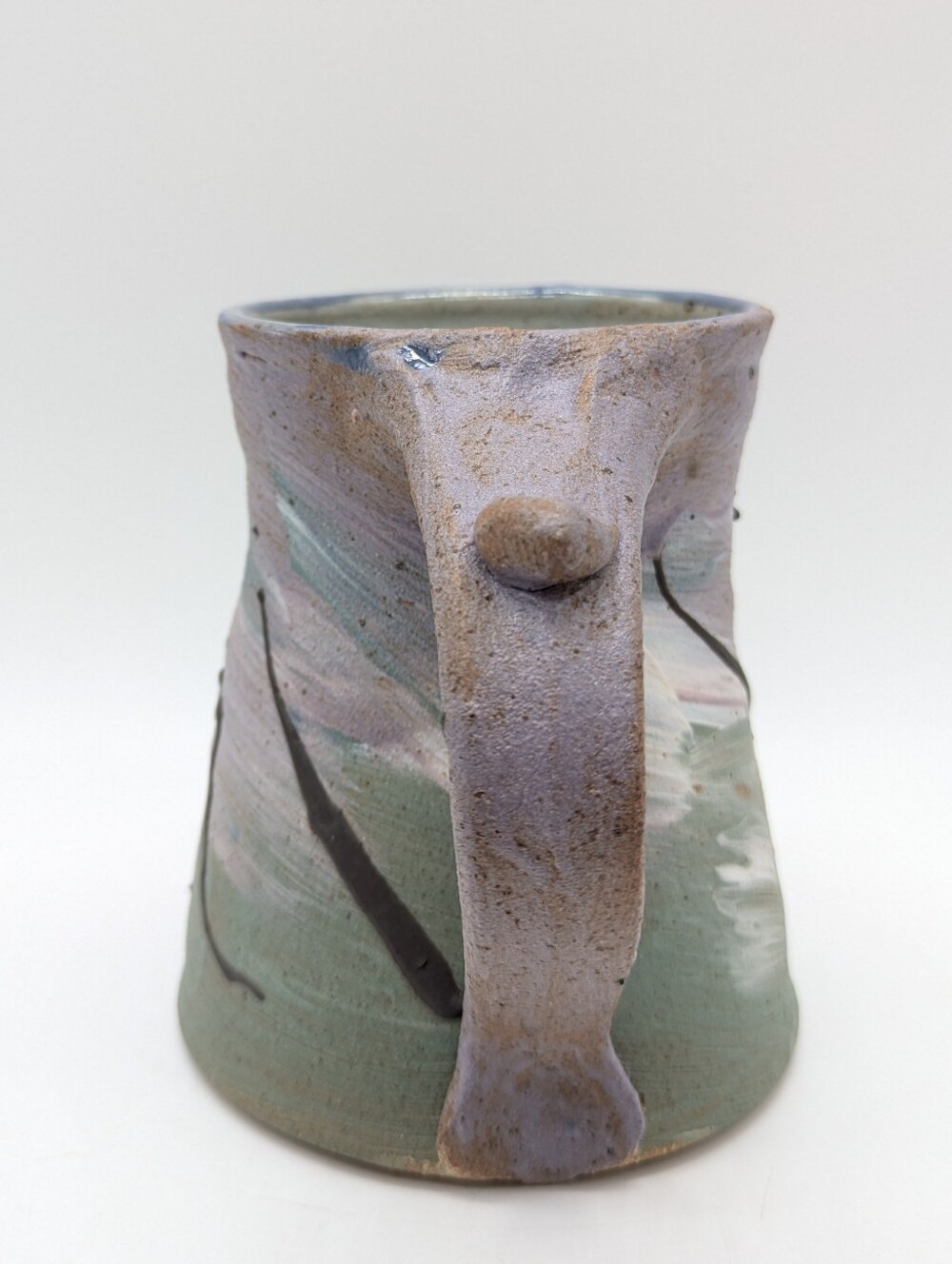Green Purple Studio Art Ceramic Earthenware Handled Coffee Mug - Picture 2 of 9